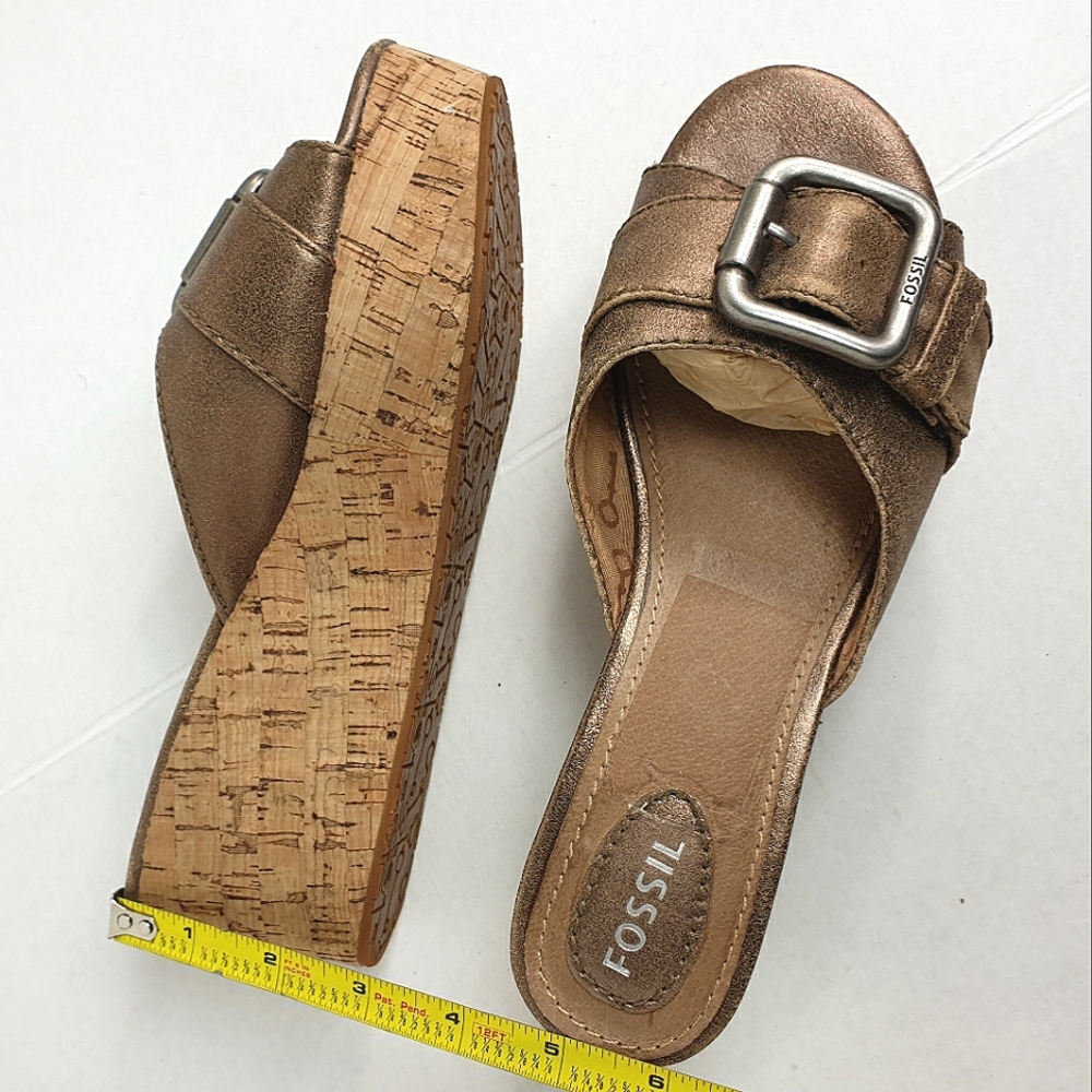 Fossil Malea Platform Slide Sandals Cork wedge metallic leather size 6.5